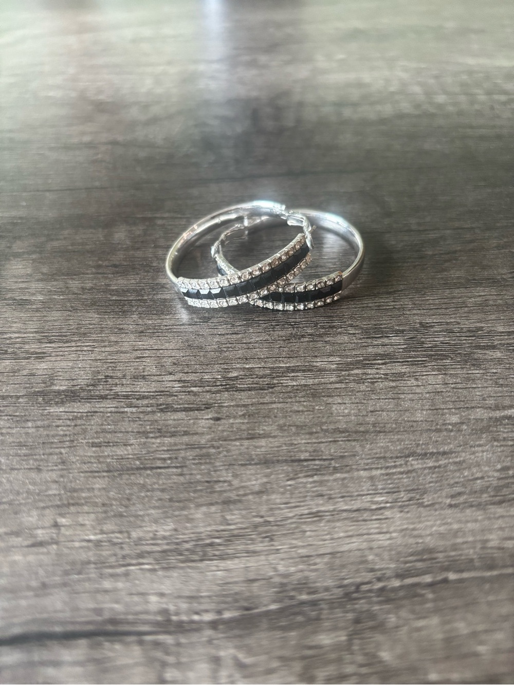 Silver Hoop Earrings with Black and Clear Crystals